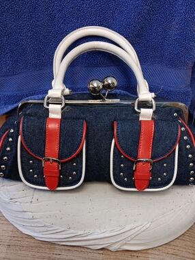Euro Wellness Kisslick Denim Satchel Handbag with Red Trim and White Handles